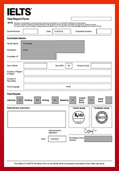 IELTS academic result sheet of Ethan student performance