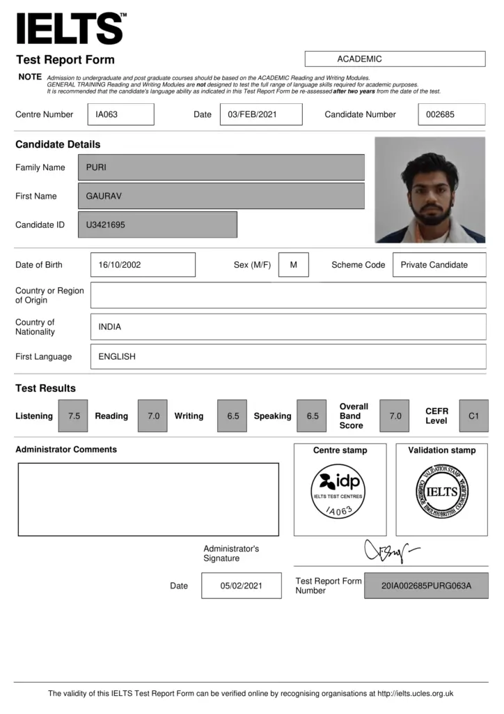 Student IELTS Scorecard of Gaurav Puri with certified band score