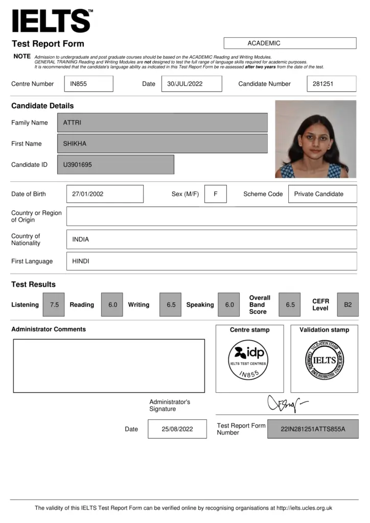 IELTS Exam Result Sheet of Shikha Attri verified score report